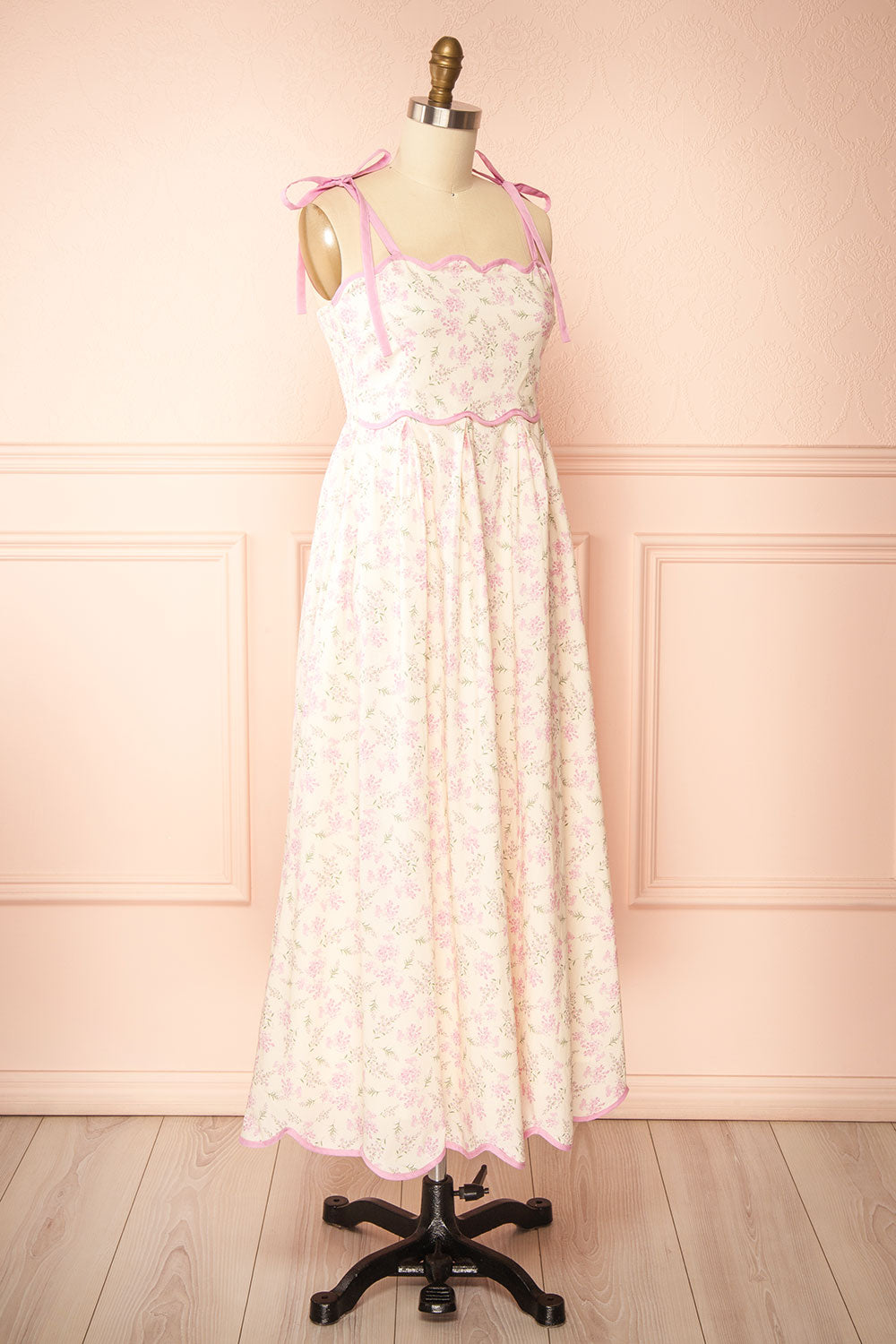 Ahrya Pink Floral Midi Dress with Bow Straps and Scallop Hem | Boutique 1861 side view