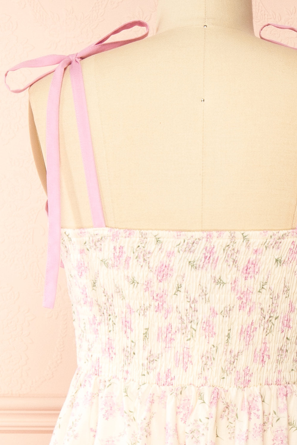 Ahrya Pink Floral Midi Dress with Bow Straps and Scallop Hem | Boutique 1861 back