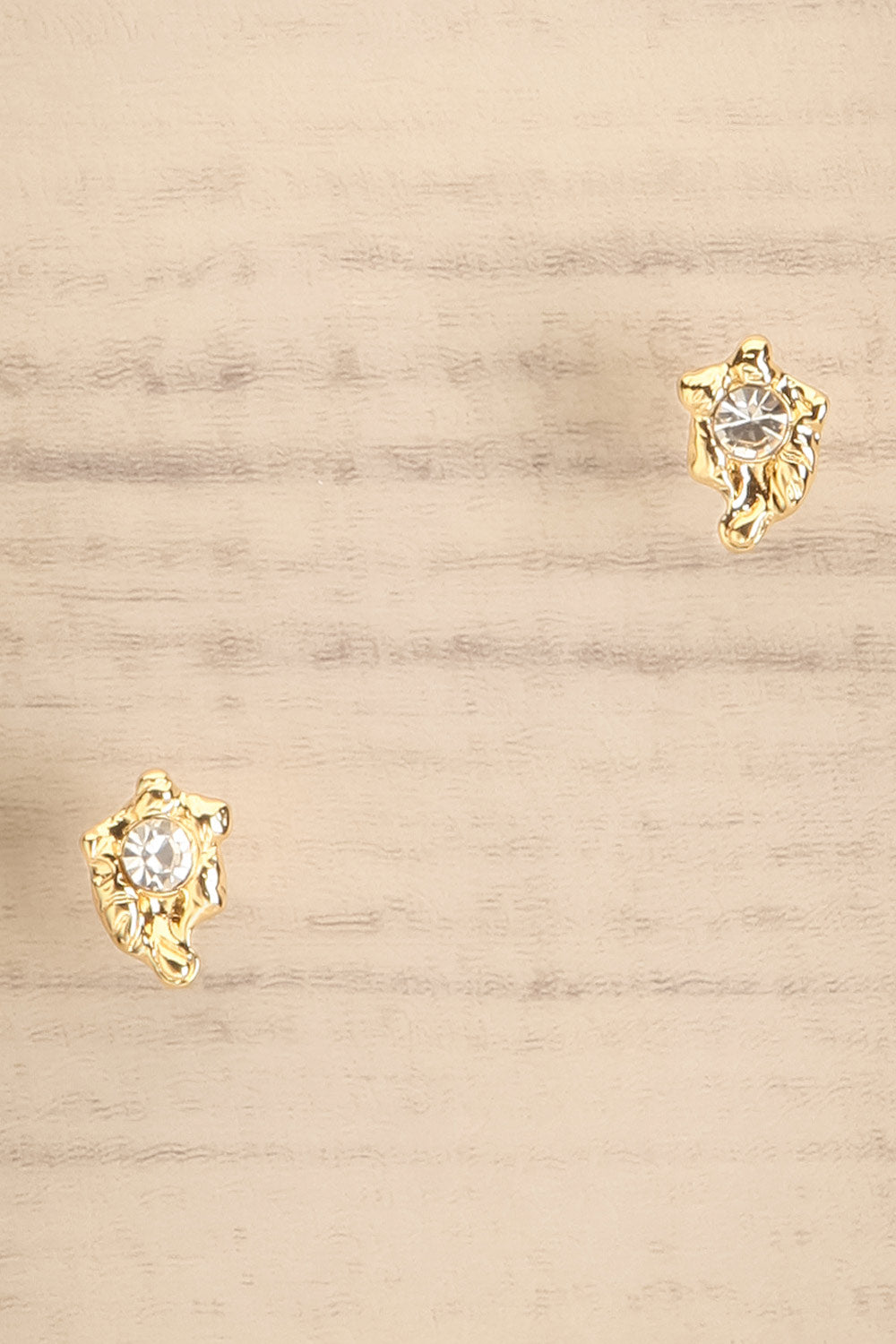 Aias Gold Textured Stud Earrings w/ Crystal | La petite garçonne close-up