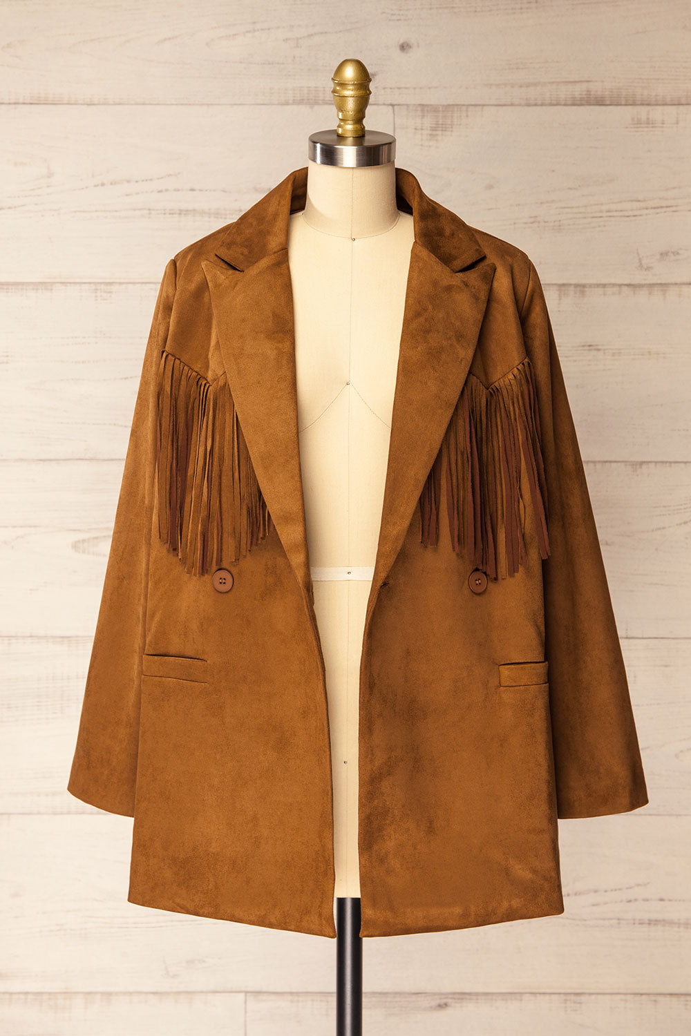 Aiken Brown Faux Suede Jacket with Fringes | La petite garçonne open view