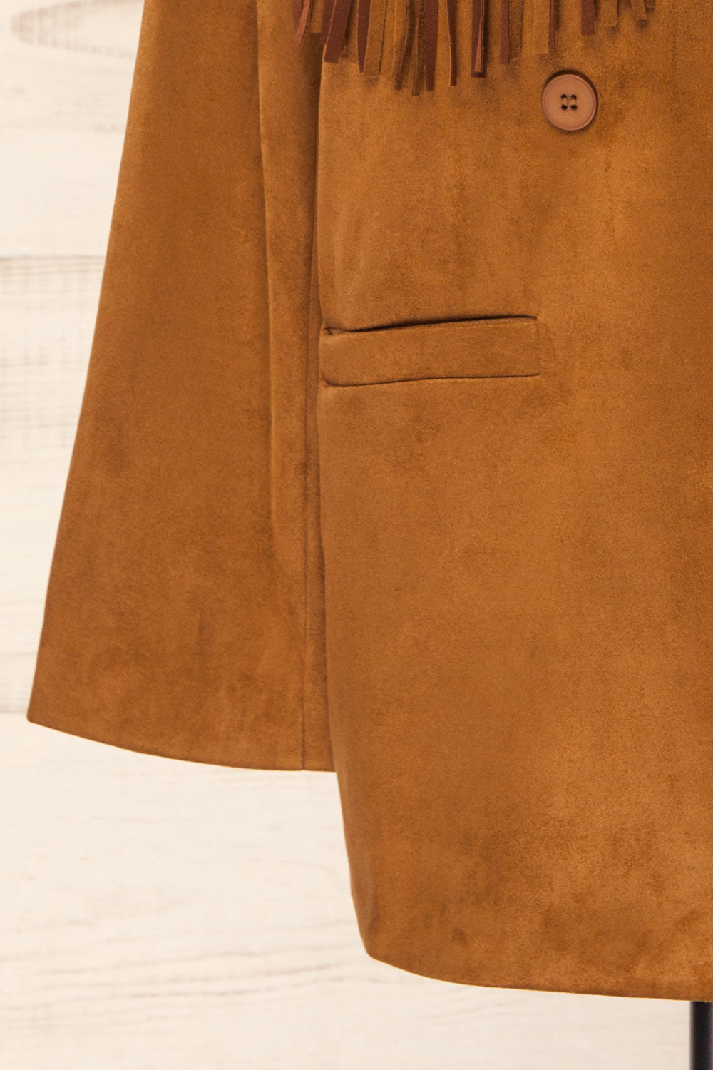 Aiken Brown Faux Suede Jacket with Fringes | La petite garçonne sleeve 