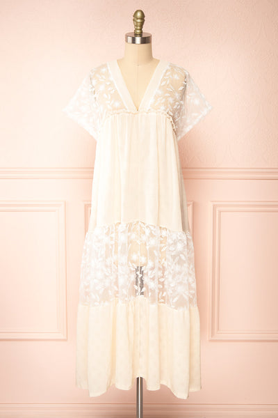 Ailee Beige & White Tiered Midi Dress w/ Embroidery | Boutique 1861 front view
