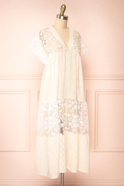 Ailee Beige & White Tiered Midi Dress w/ Embroidery | Boutique 1861 side view