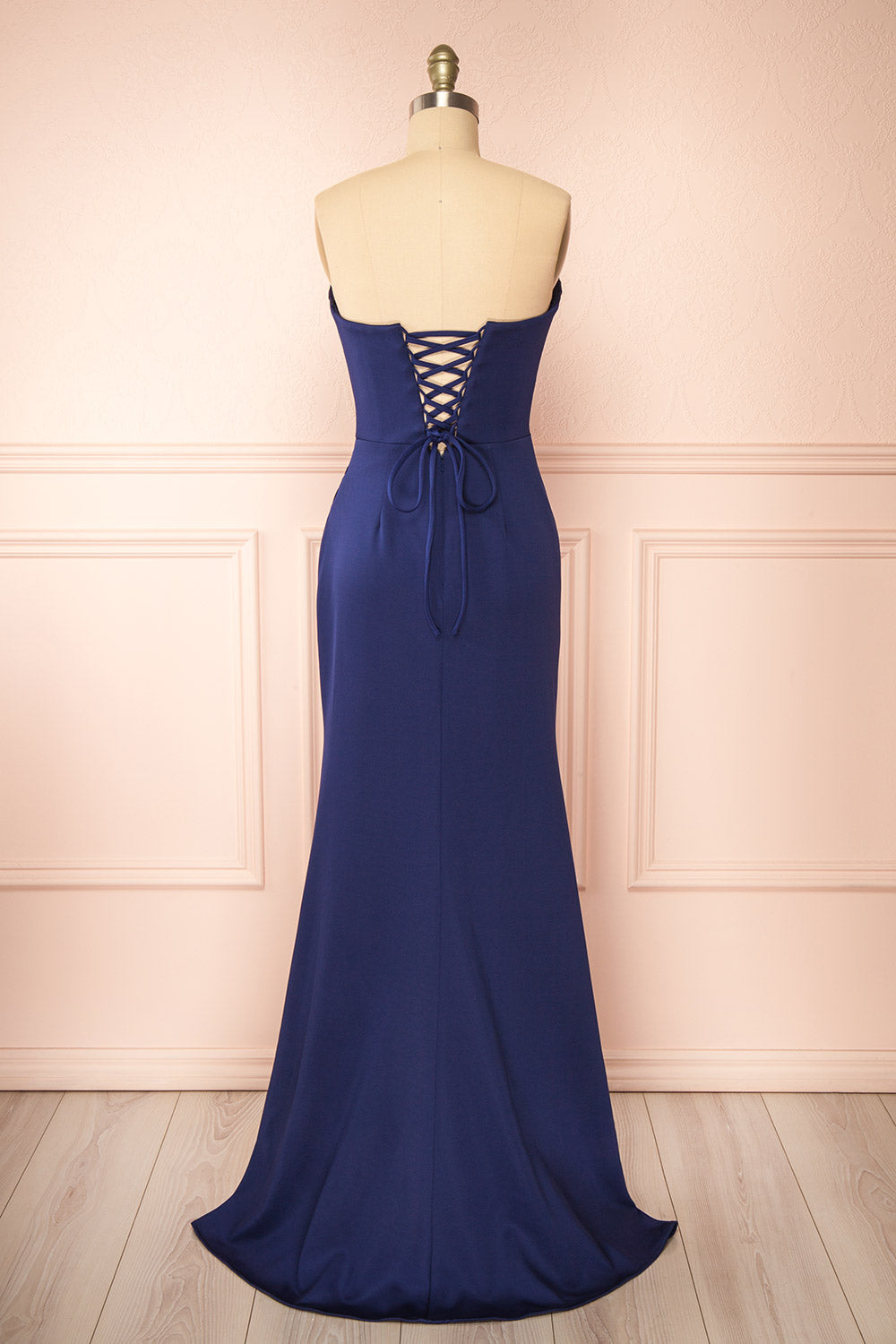 Ailsa Navy Strapless Gown w/ High Slit | Boutique 1861 back view