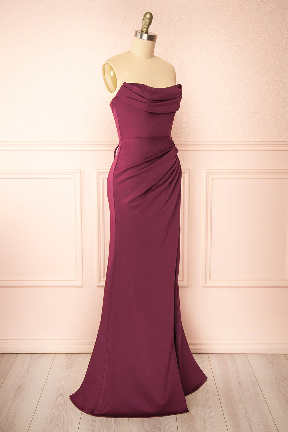 Ailsa Burgundy Strapless Gown w/ High Slit | Boutique 1861 side view