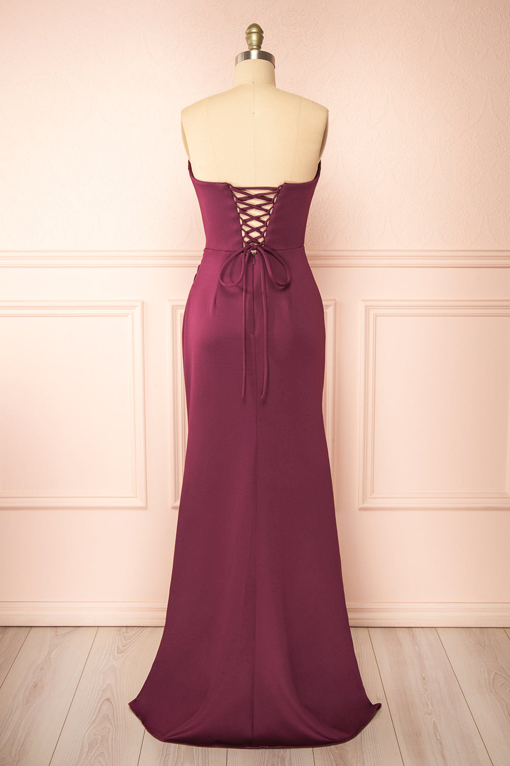 Ailsa Burgundy Strapless Gown w/ High Slit | Boutique 1861 back view