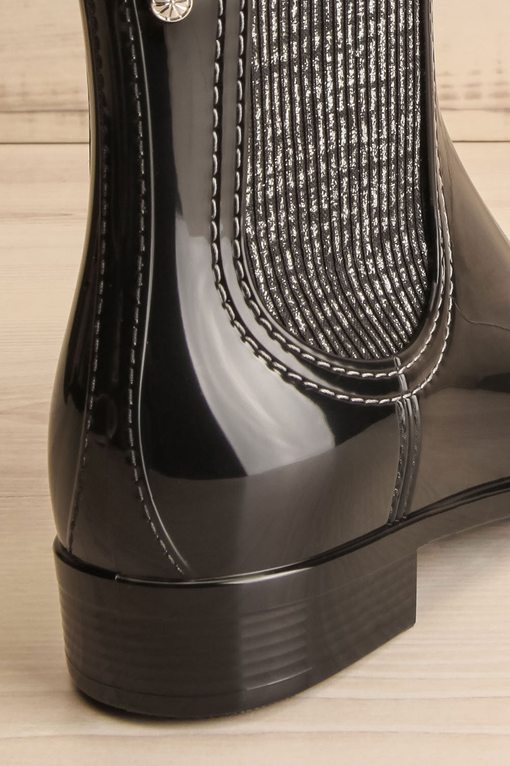 Ainea Black Glossy Ankle Rain Boots | La petite garçonne back close-up