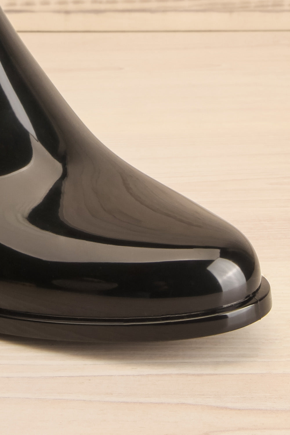 Ainea Black Glossy Ankle Rain Boots | La petite garçonne front close-up