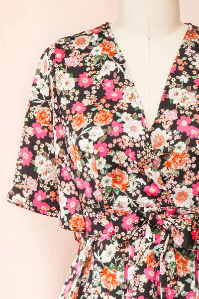 Aislinn Floral Romper w/ Fabric Belt | Boutique 1861 front close-up
