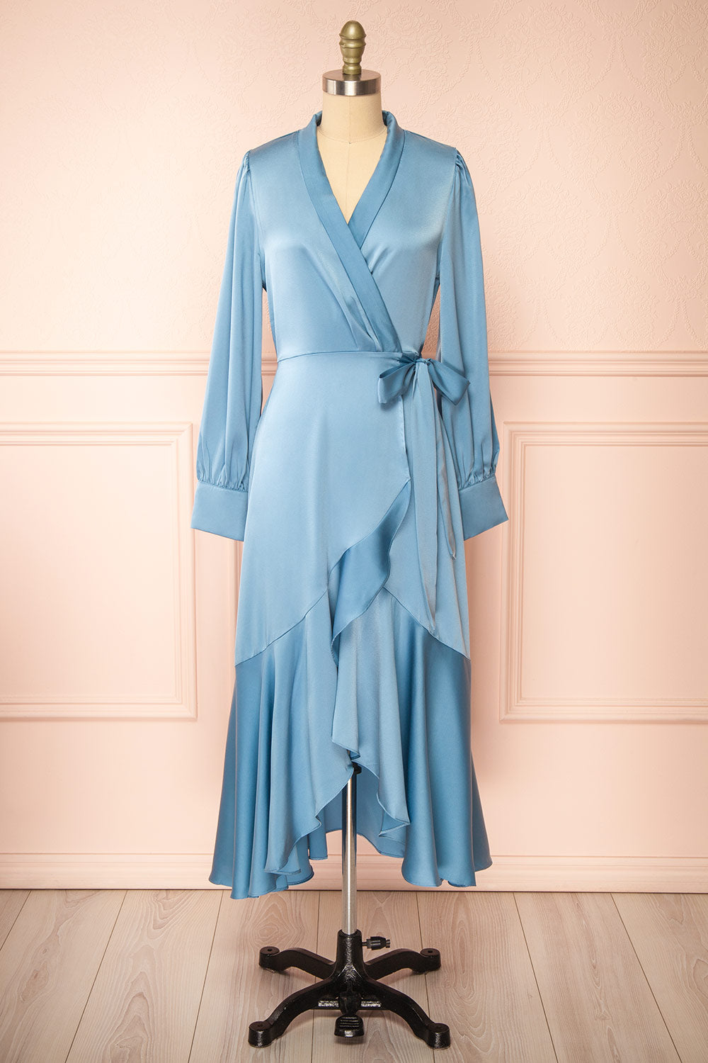 Akamari Long Satin Blue Wrap Dress | Boutique 1861  front view