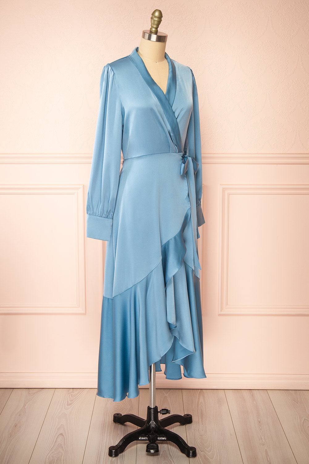 Akamari Long Satin Blue Wrap Dress | Boutique 1861 side view
