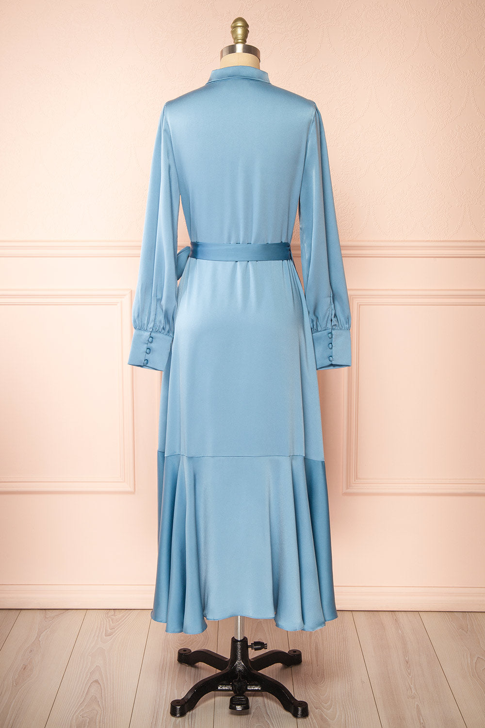 Akamari Long Satin Blue Wrap Dress | Boutique 1861  back view