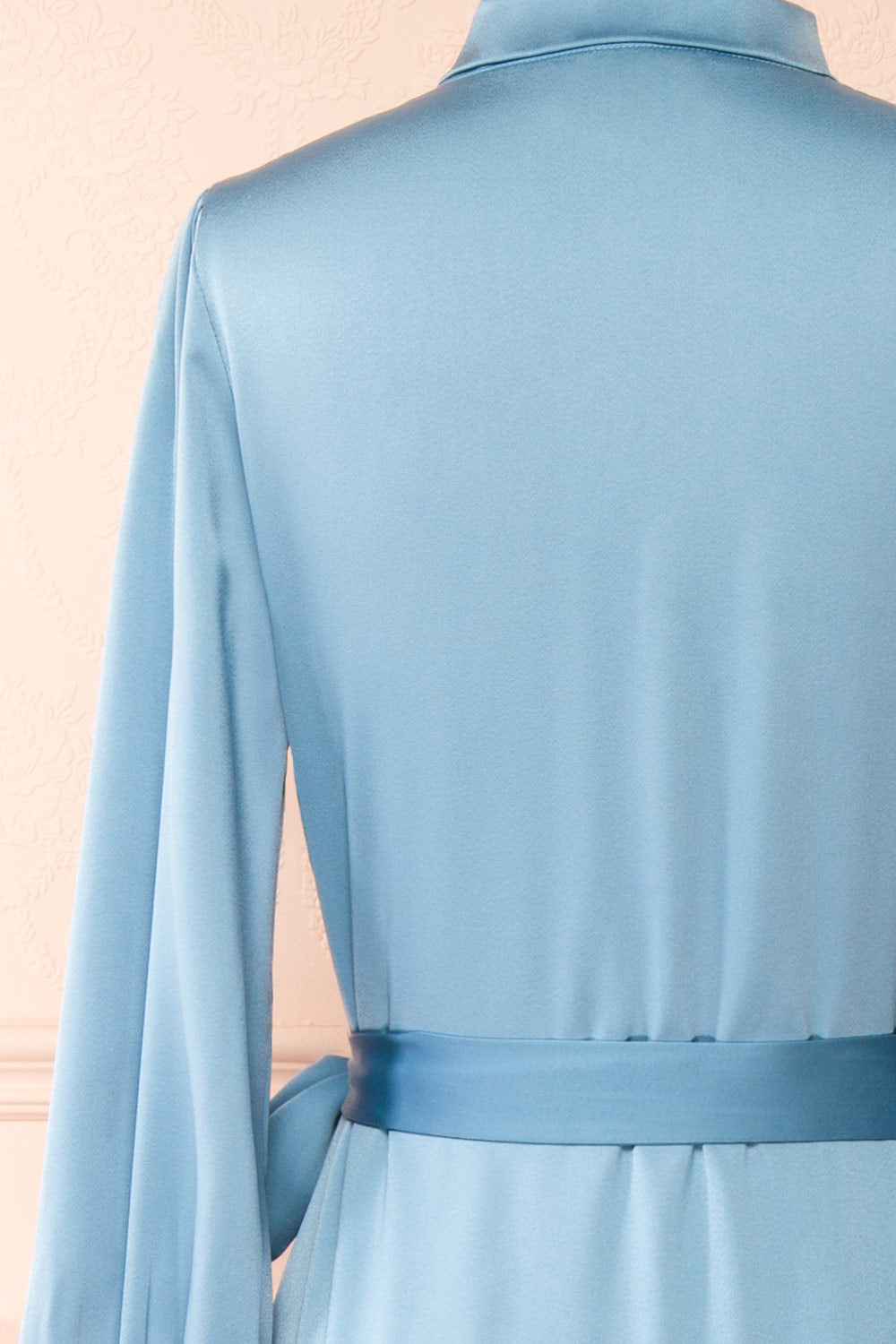 Akamari Long Satin Blue Wrap Dress | Boutique 1861  back