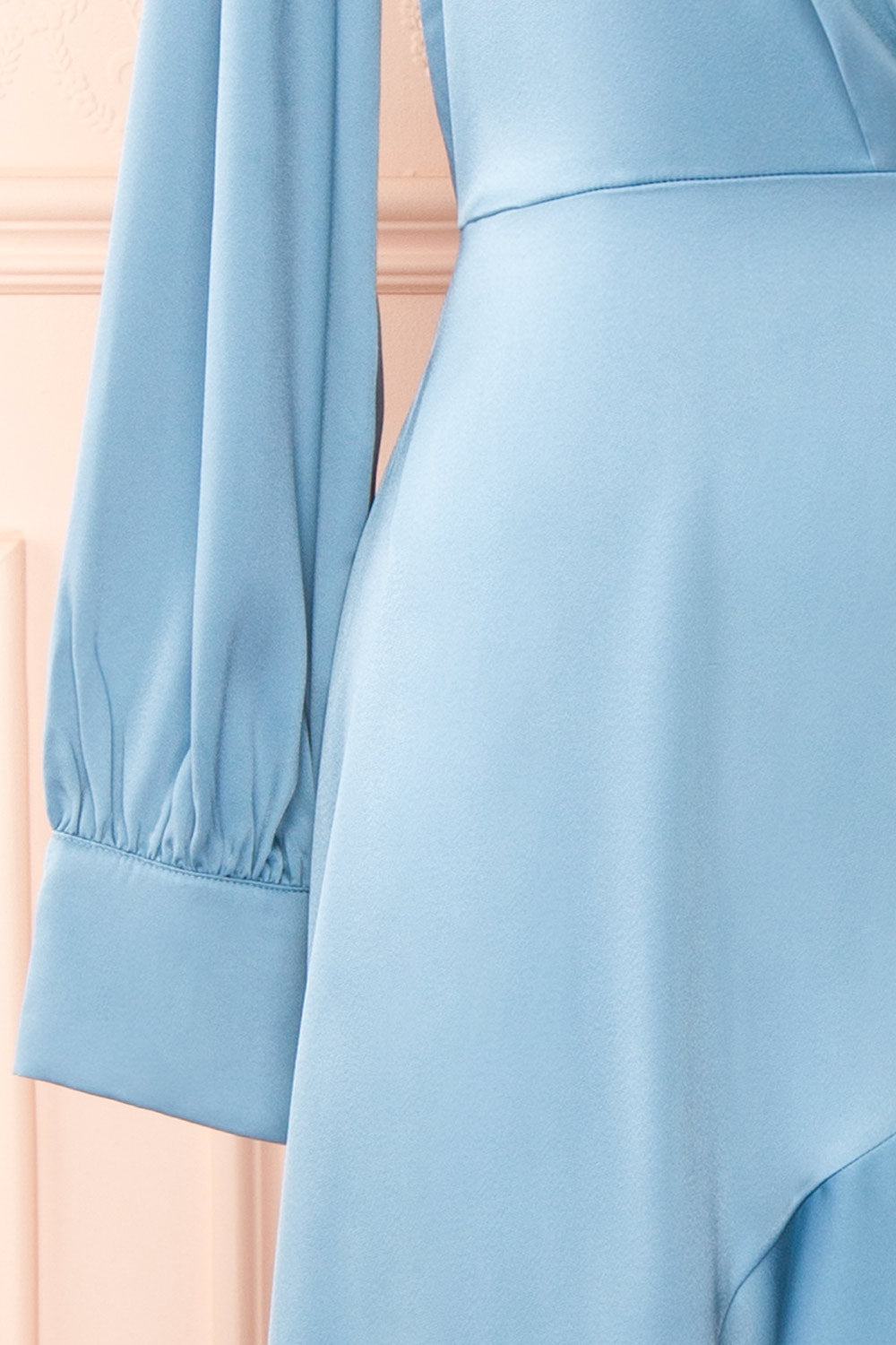 Akamari Long Satin Blue Wrap Dress | Boutique 1861  sleeve