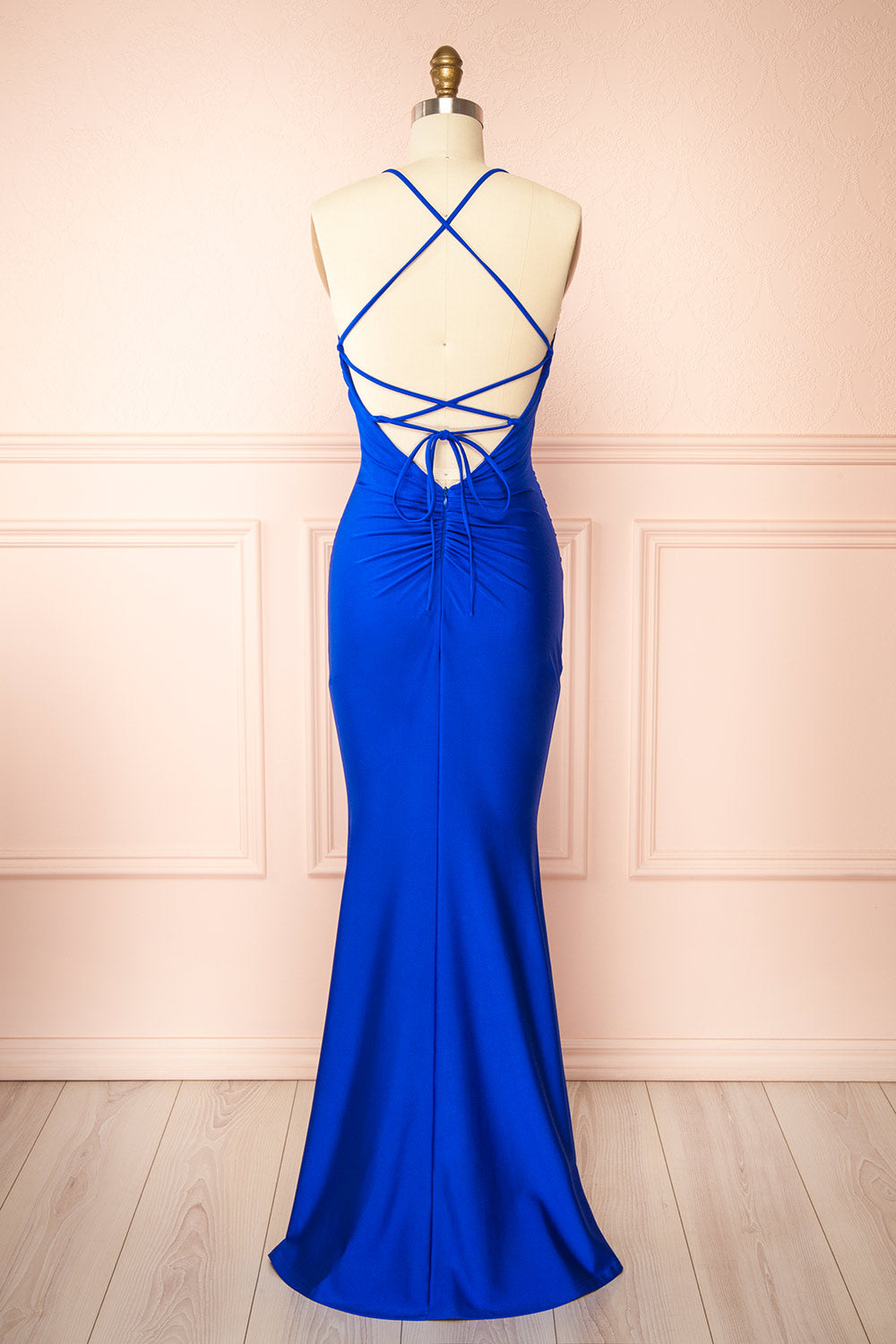 Akari Blue Satin Mermaid Maxi Dress | Boutique 1861 back view