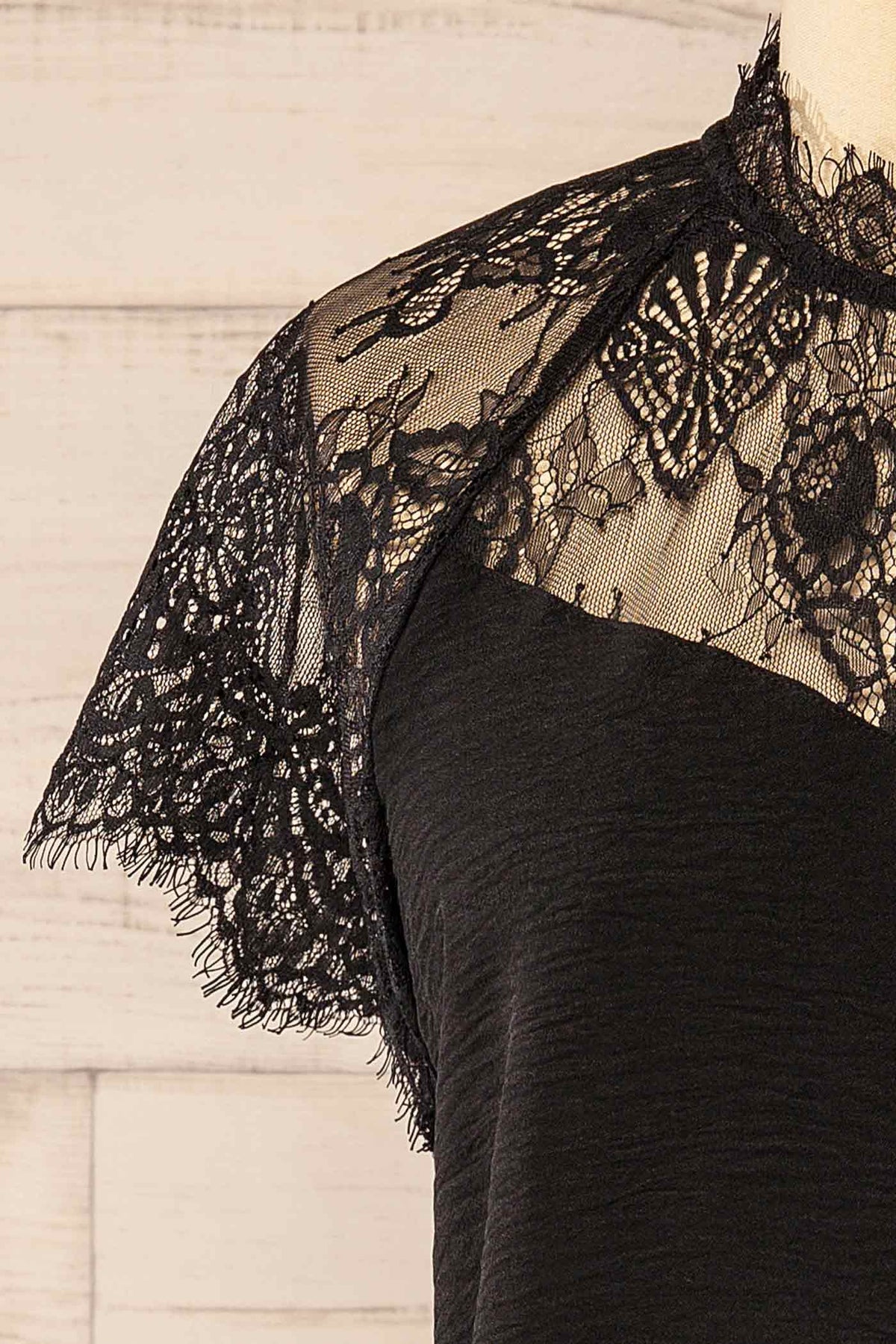 fabric view of Aksu Black Lace Yoke High-Neck Short Sleeve Top at La petite garçonne