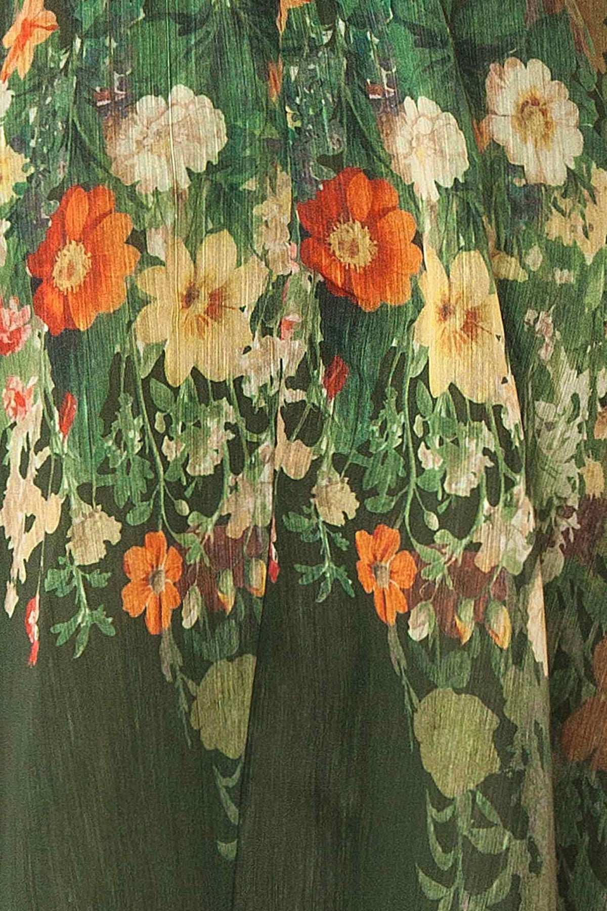 fabric view of Akulina Green Floral Midi Corset Dress with Pockets at Boutique 1861 