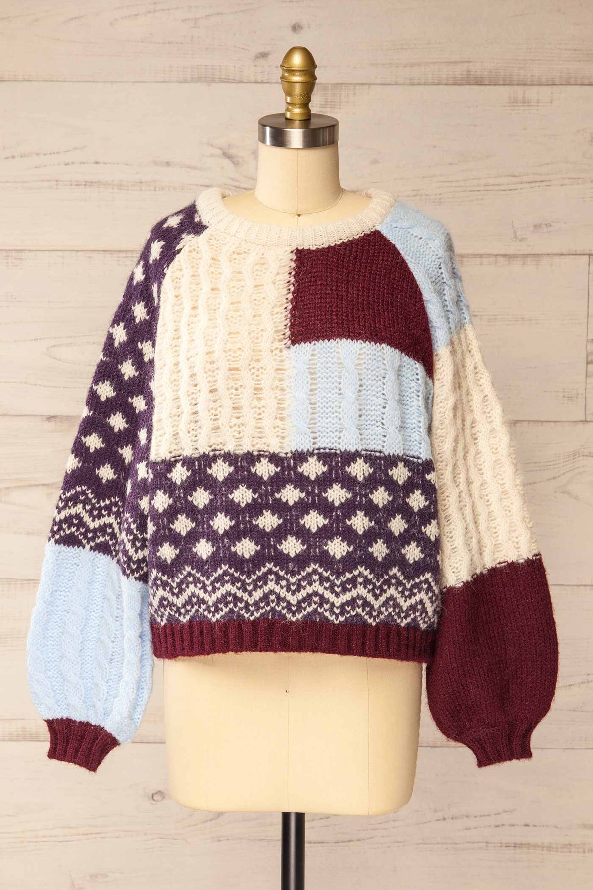 front view of Alamo Multicolour Patchwork Cable Knit Sweater at La petite garçonne