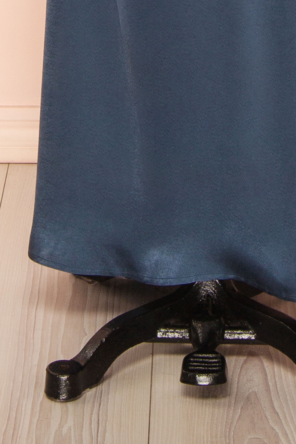 bottom of a sewing mannequin wearing the Alberta Navy Maxi Dress with a high neckline from Boutique 1861