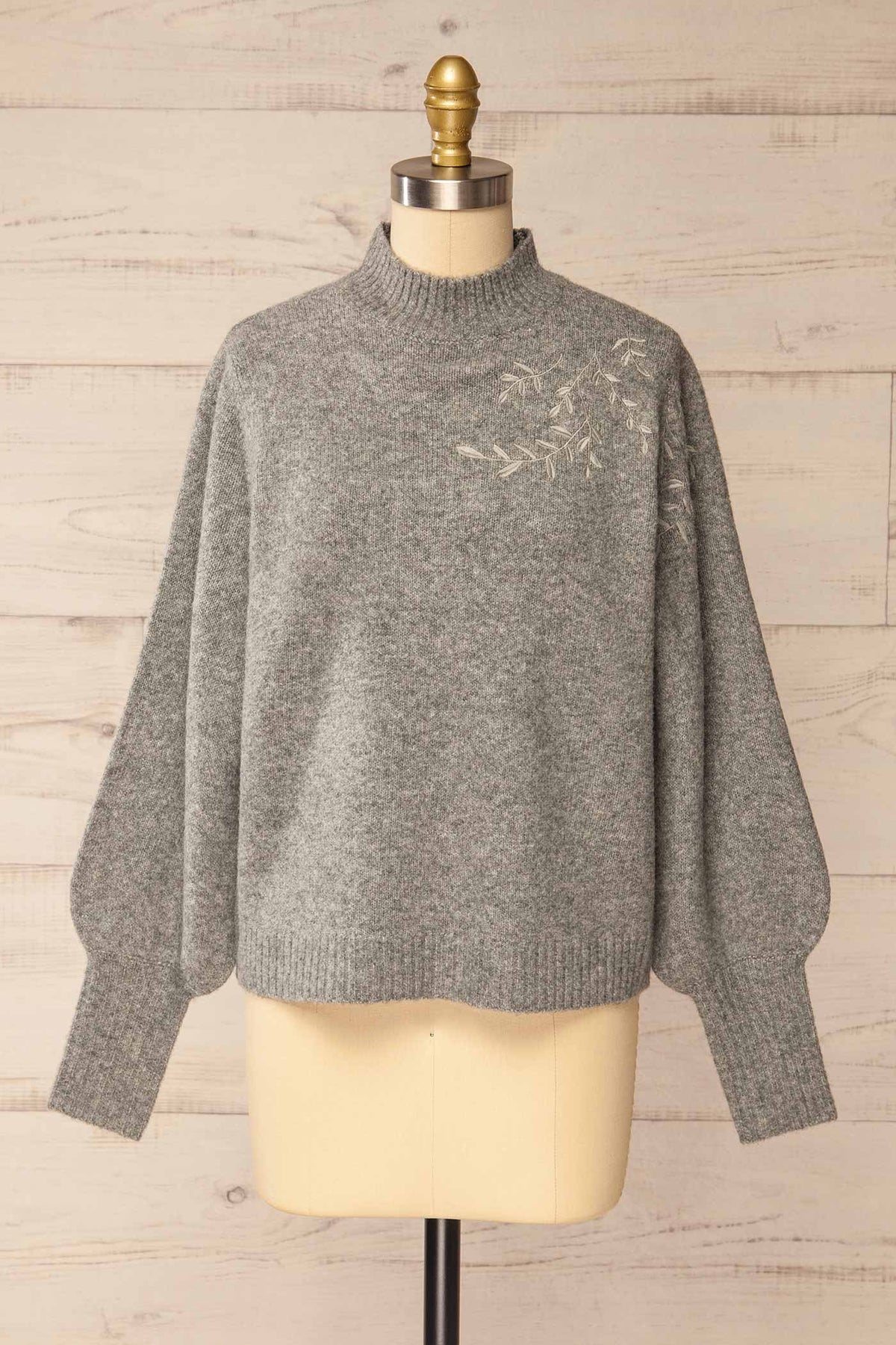 front view of Albury Grey Sweater with Leaf Embroidery at La petite garçonne