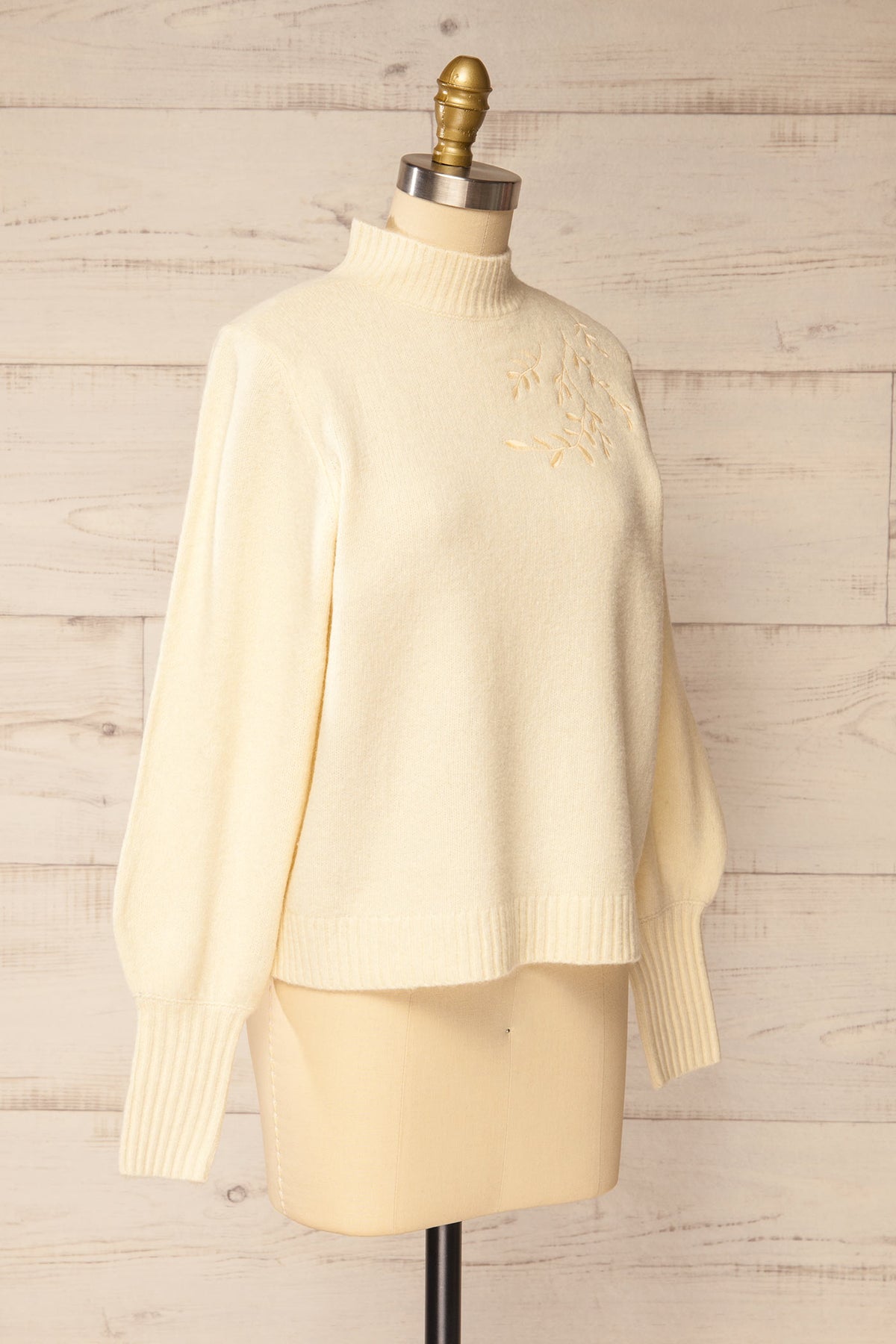 side view of Albury Ivory Sweater with Leaf Embroidery at La petite garçonne