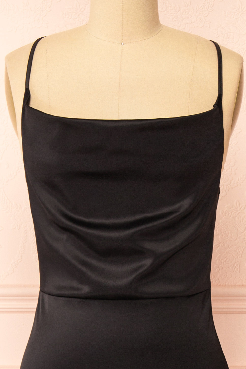 Alexia Black Long Satin Mermaid Dress w/ Cowl Neck | Boutique 1861 front