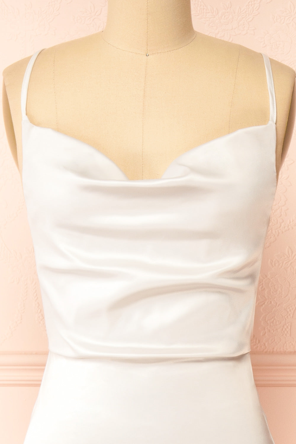 Alexia Ivory Long Satin Mermaid Dress w/ Cowl Neck | Boutique 1861 front tuck in
