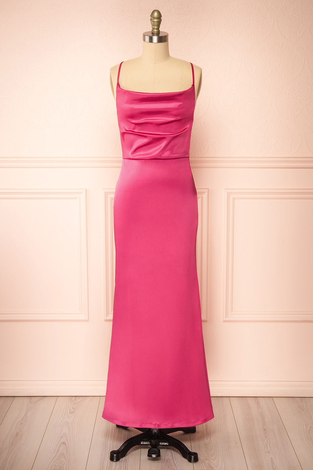 Alexia Pink Long Satin Mermaid Dress w/ Cowl Neck | Boutique 1861 front view