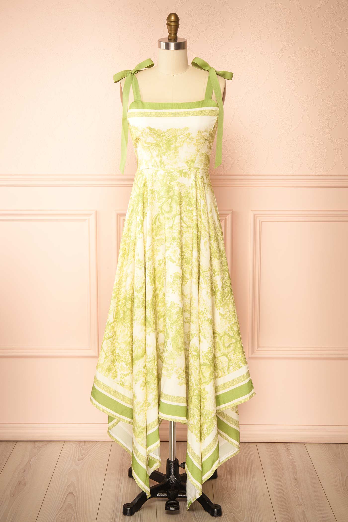 Alexie Green Toile Border Midi Dress with Asymmetrical Hem | Boutique 1861 front view