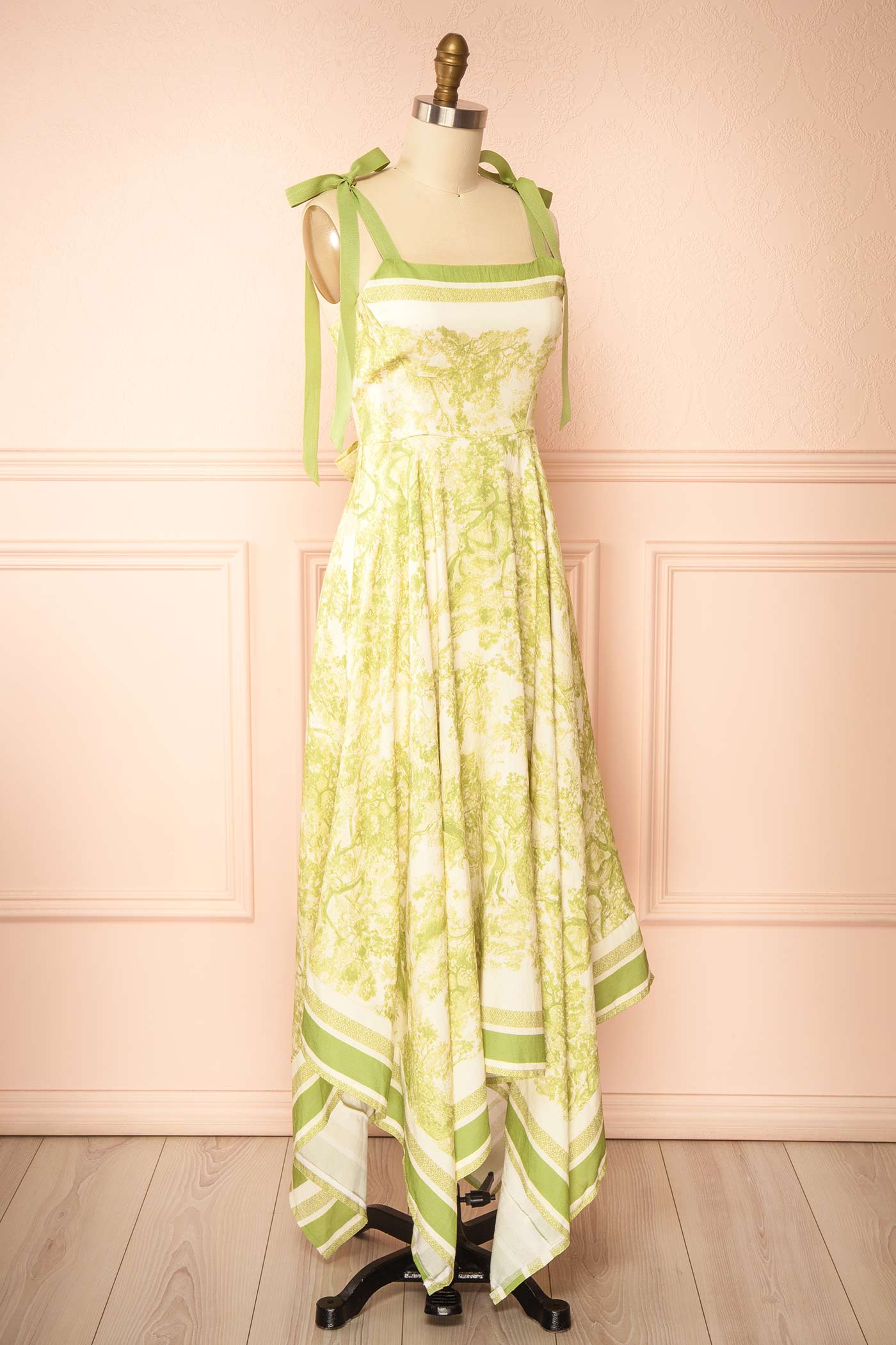 Alexie Green Toile Border Midi Dress with Asymmetrical Hem | Boutique 1861 side 