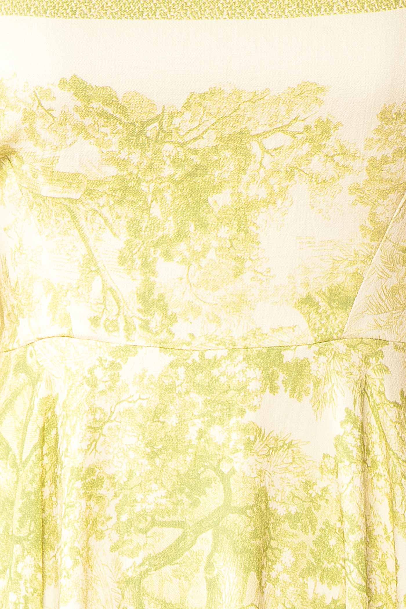 Alexie Green Toile Border Midi Dress with Asymmetrical Hem | Boutique 1861 fabric 