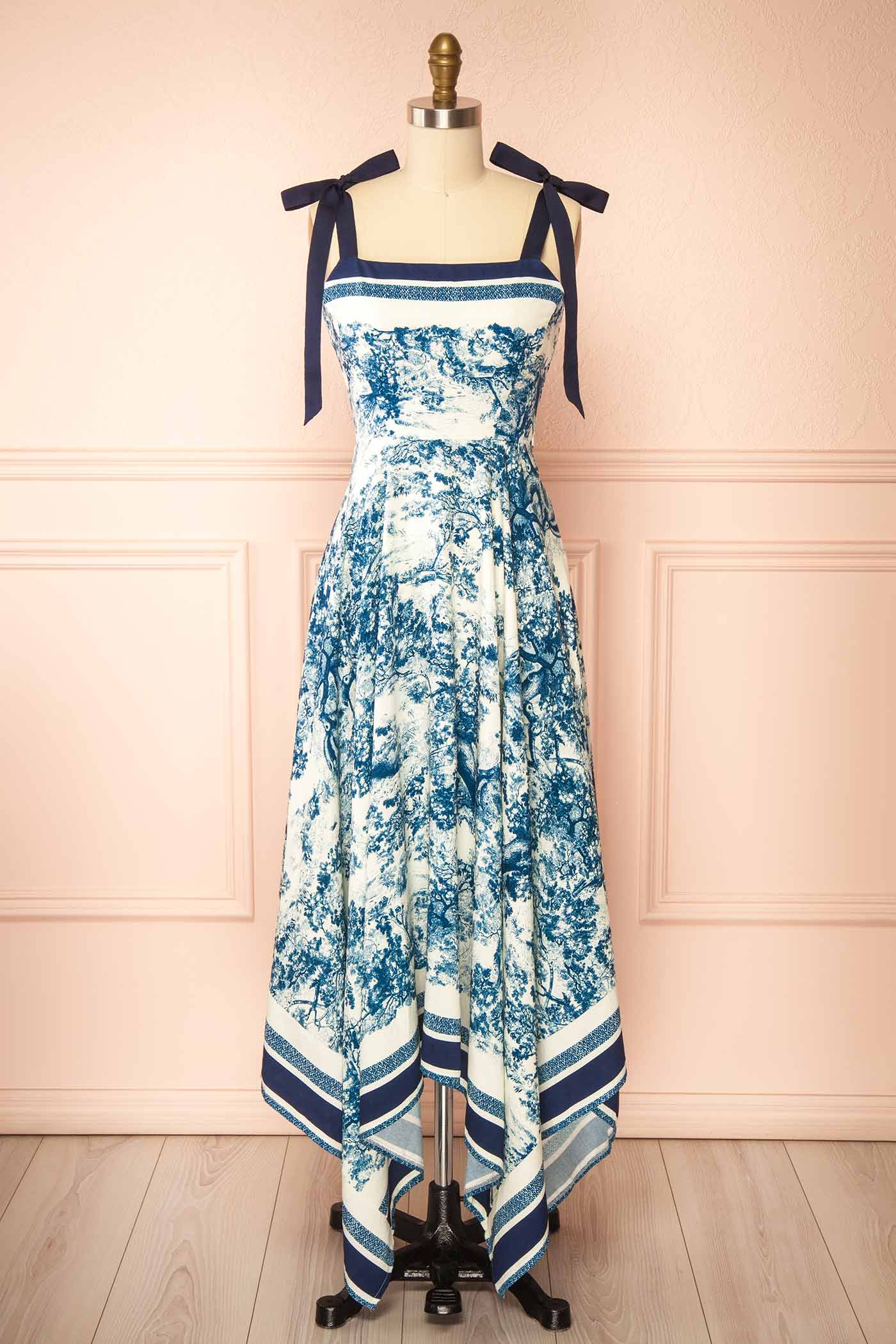 Alexie Navy Toile Border Midi Dress with Asymmetrical Hem | Boutique 1861 front 