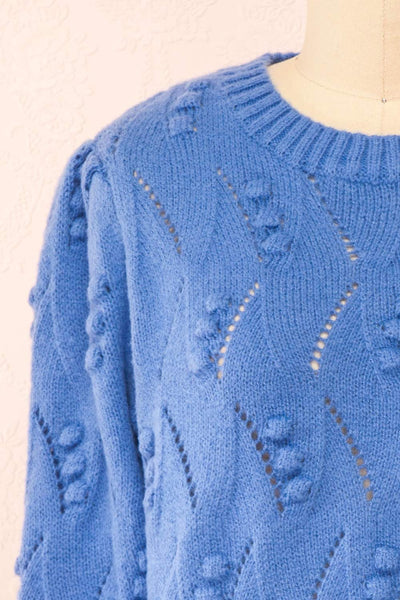 Alexis Blue Sweater w/ Pompoms | Boutique 1861 front close-up