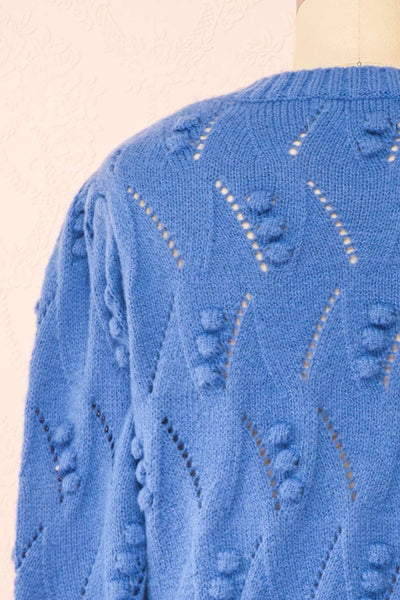 Alexis Blue Sweater w/ Pompoms | Boutique 1861 back close-up