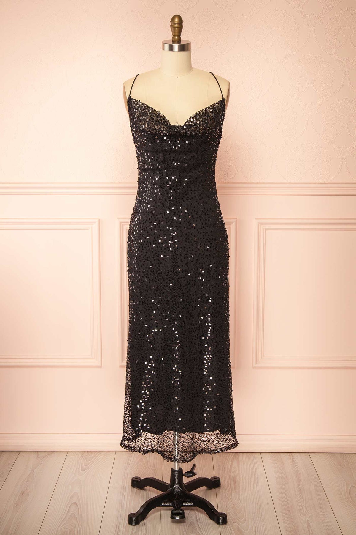 Front view of Alfea Black Sequin Mesh Midi Dress with Cowl Neck at Boutique 1861 