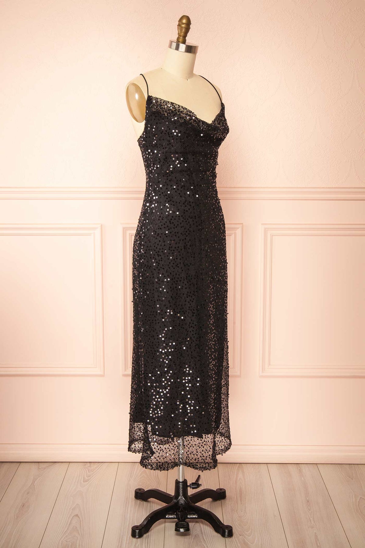 Side view of Alfea Black Sequin Mesh Midi Dress with Cowl Neck at Boutique 1861 