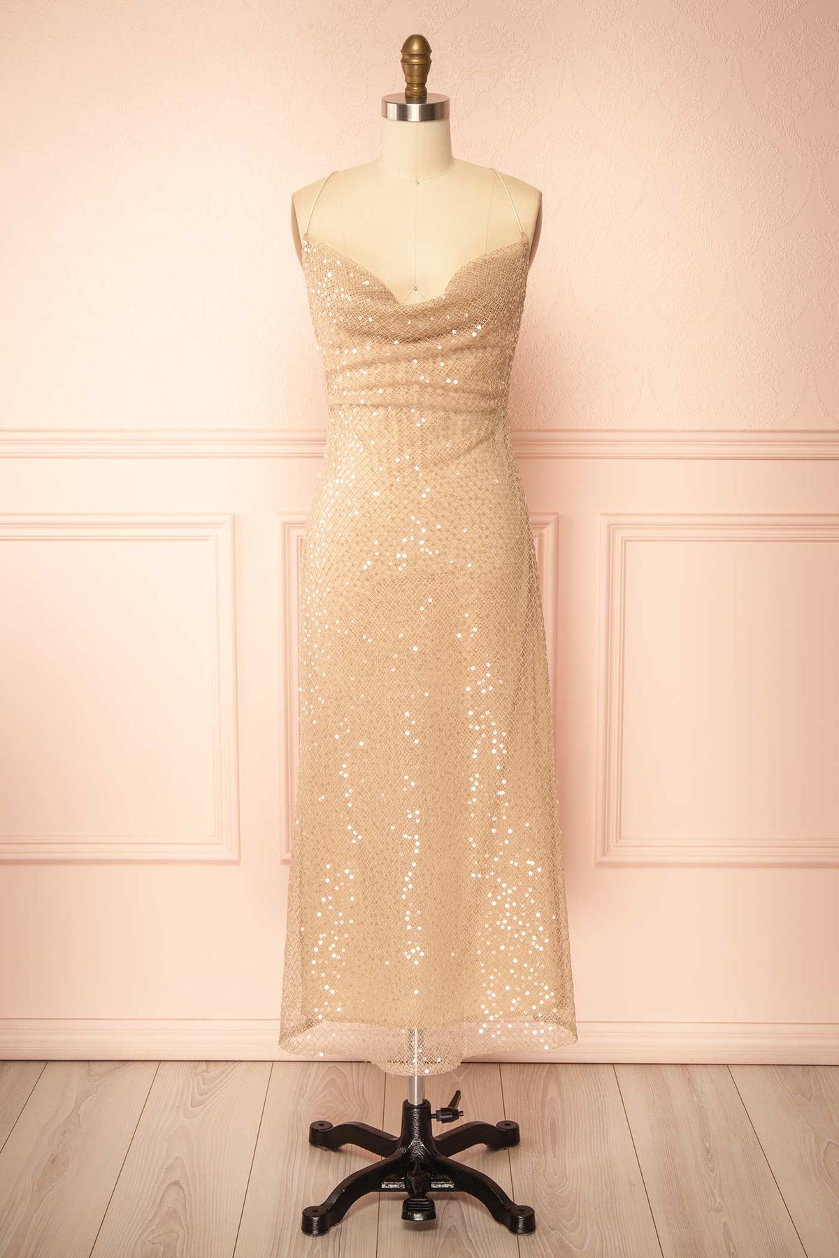 Front view of Alfea Champagne Sequin Mesh Midi Dress with Cowl Neck at Boutique 1861 