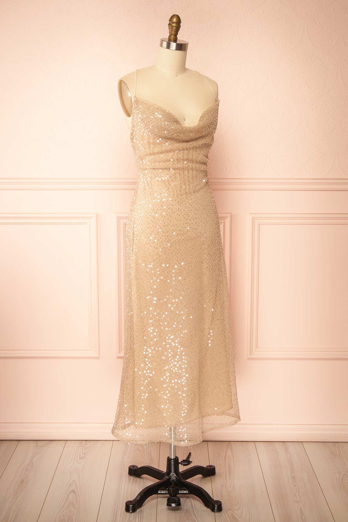 Side view of Alfea Champagne Sequin Mesh Midi Dress with Cowl Neck at Boutique 1861