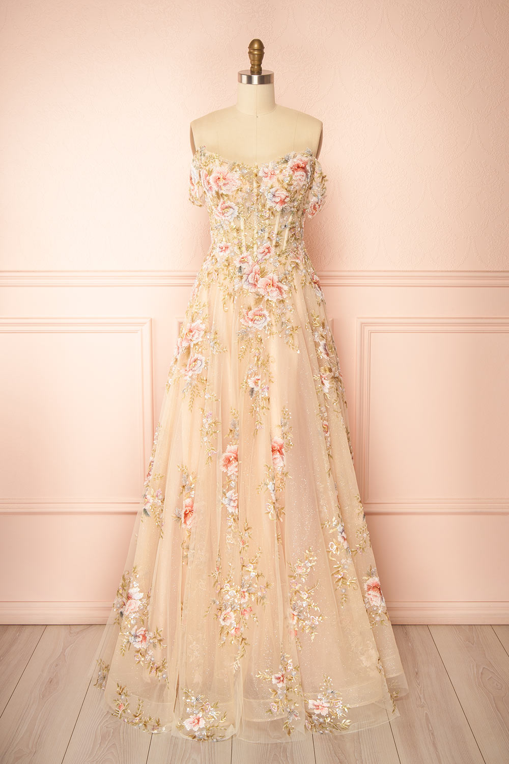 Alice A-Line Floral Champagne Maxi Dress | Boutique 1861 front view
