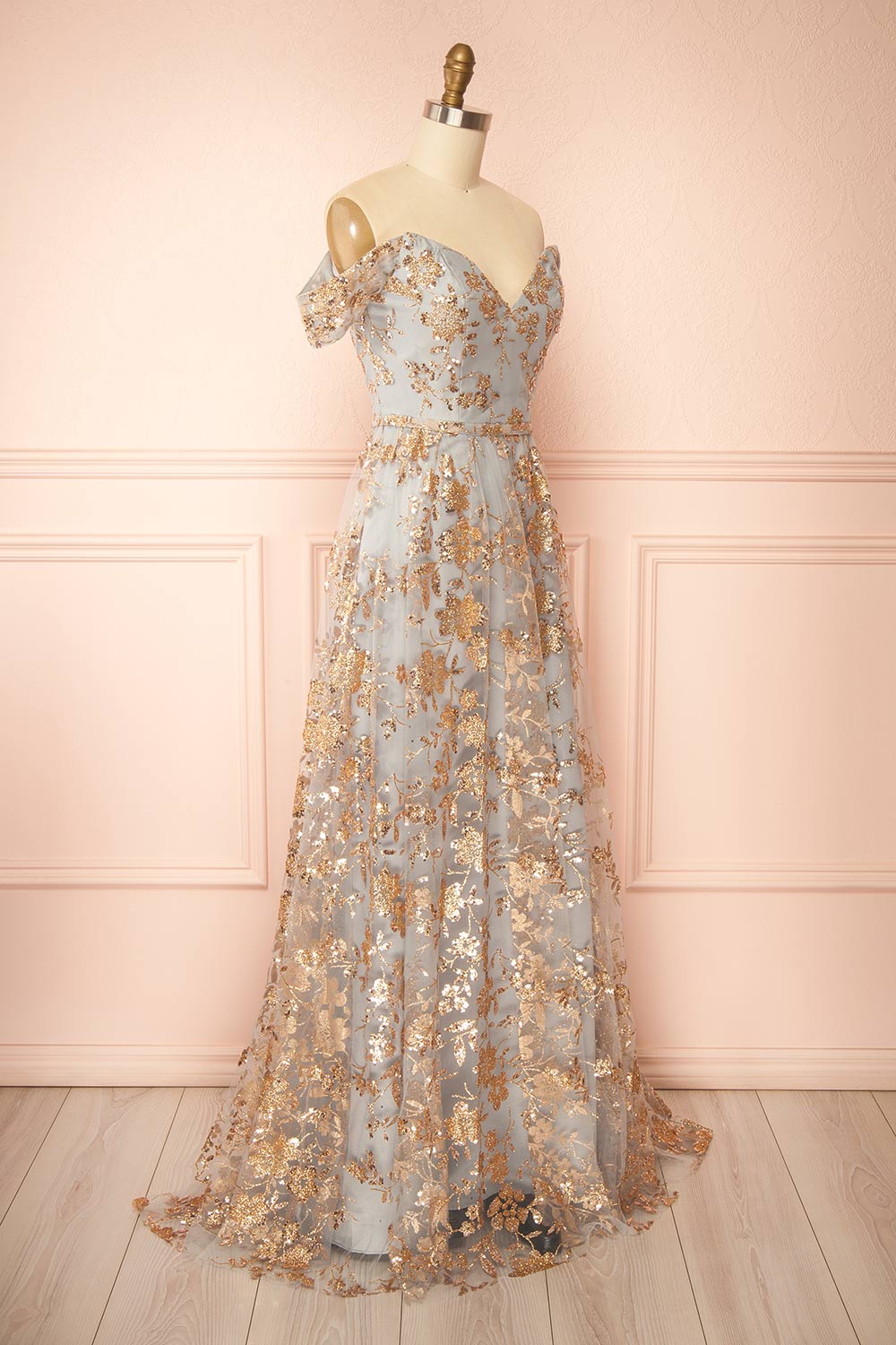  side view of sewing mannequin wearing Alienor Grey Glittery Off the Shoulder Maxi Dress from Boutique 1861