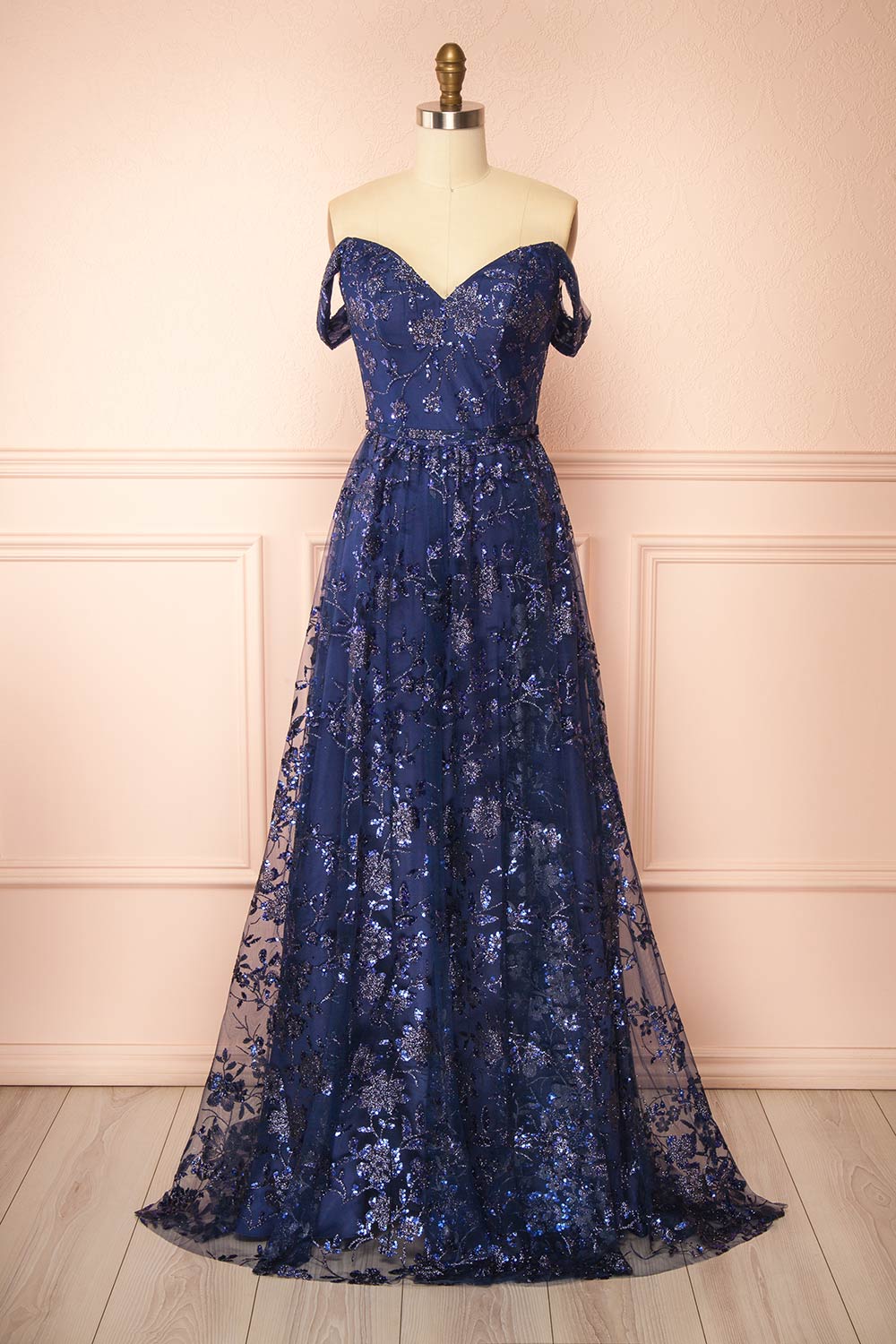 front view of sewing mannequin wearing Alienor navy Glittery Off the Shoulder Maxi Dress from Boutique 1861