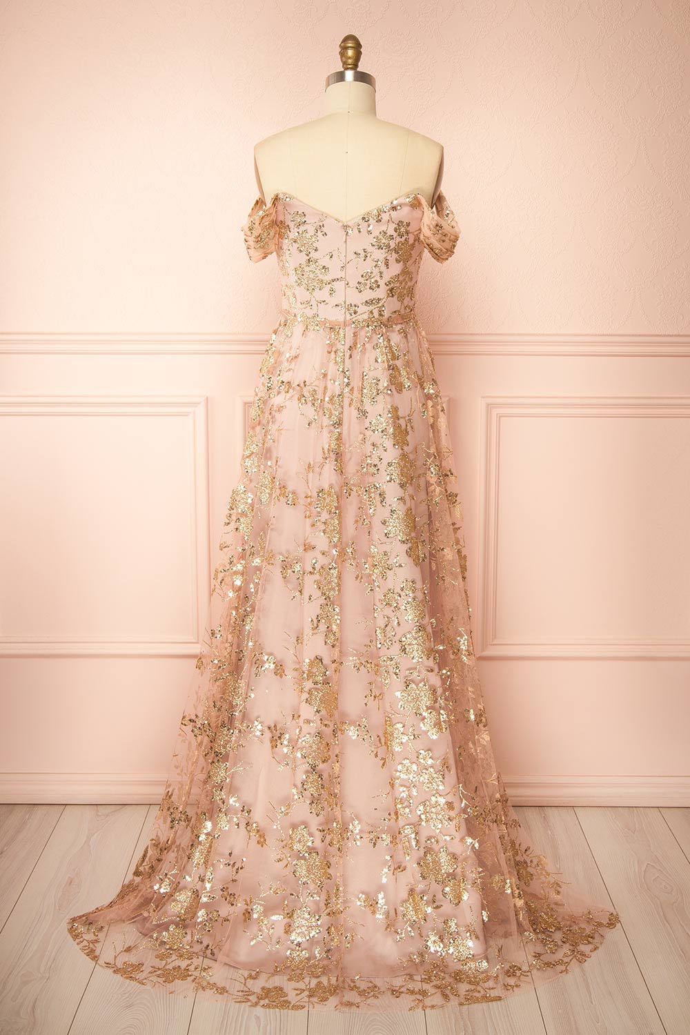  back view of sewing mannequin wearing Alienor Taupe Glittery Off the Shoulder Maxi Dress from Boutique 1861