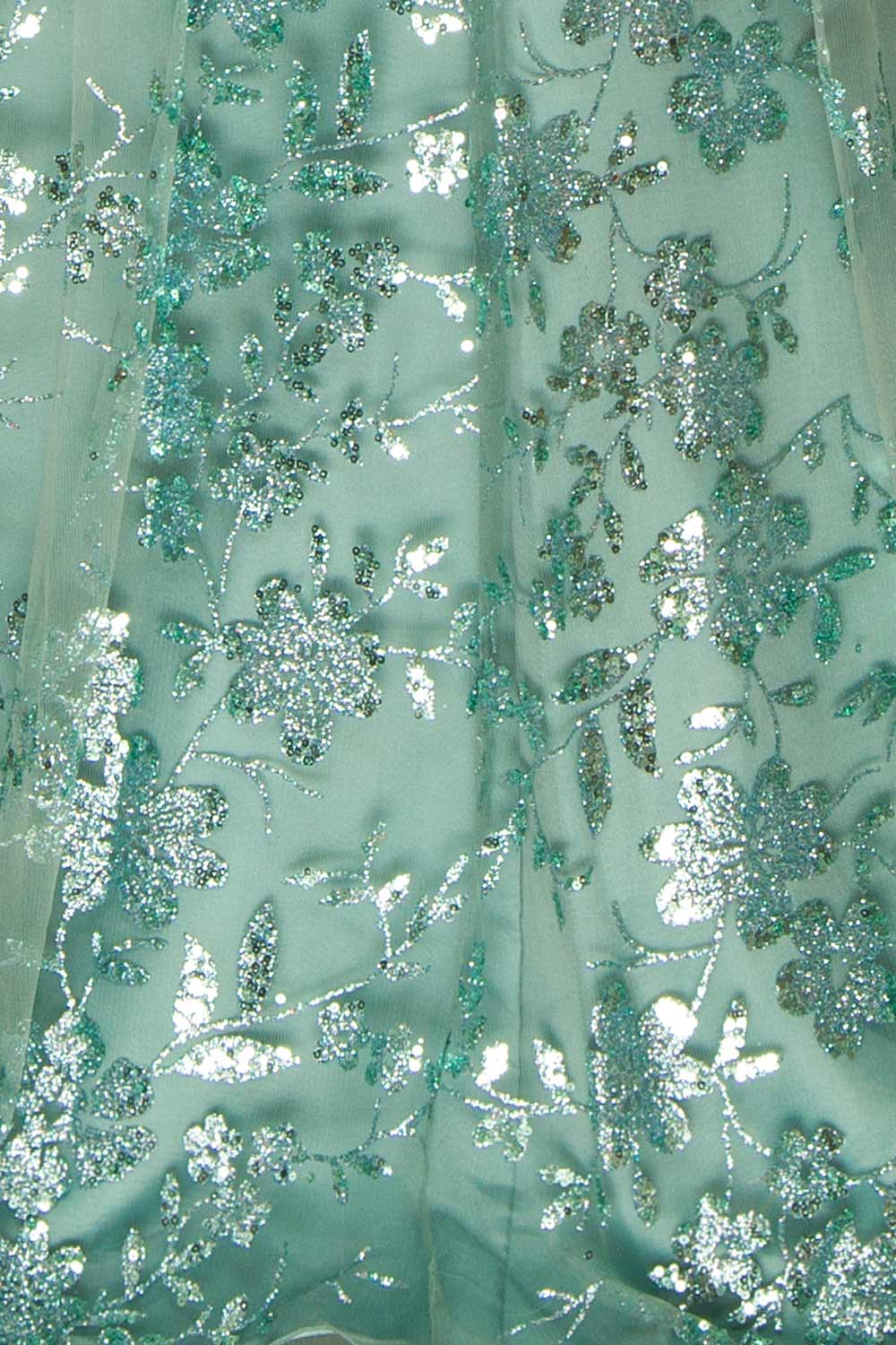 fabric of Alienor Teal Glittery Off the Shoulder Maxi Dress from Boutique 1861