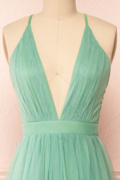 Aliki Sage Mesh Maxi Dress w/ Plunging Neckline | Boutique 1861 front close-up