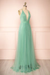 Aliki Sage Mesh Maxi Dress w/ Plunging Neckline | Boutique 1861 side view