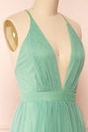 Aliki Sage Mesh Maxi Dress w/ Plunging Neckline | Boutique 1861 side close-up