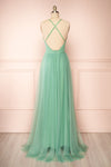 Aliki Sage Mesh Maxi Dress w/ Plunging Neckline | Boutique 1861 back view
