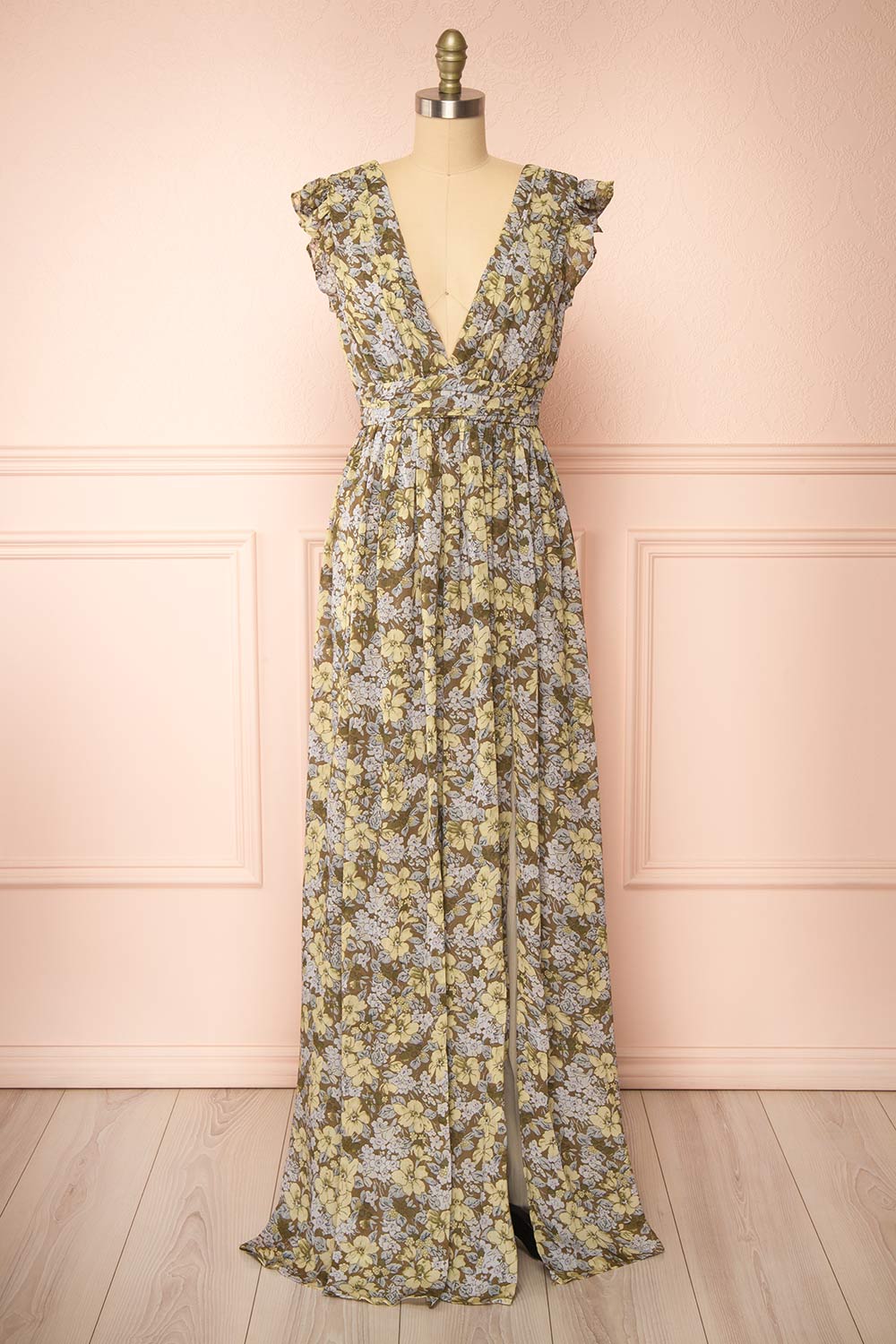 Alinia Floral Chiffon Maxi Dress w/ Plunging Neckline | Boutique 1861 front view