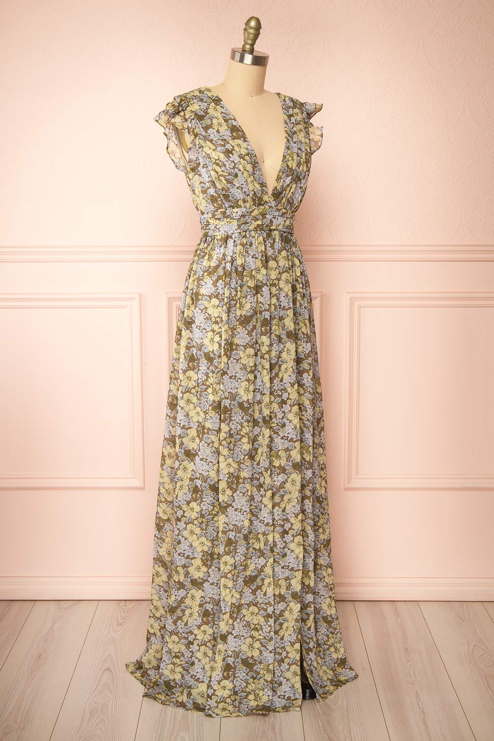 Alinia Floral Chiffon Maxi Dress w/ Plunging Neckline | Boutique 1861 side view