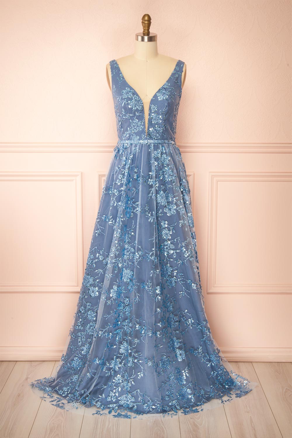 Alix Blue Grey Glittery V-Neck Maxi Dress | Boutique 1861 front